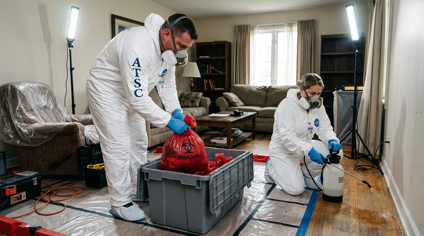 Professional Hoarding Cleanup technician in full PPE working in Winterset